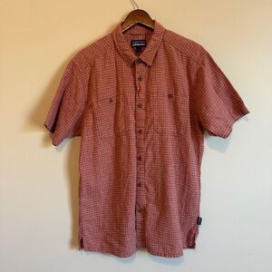 Patagonia Back Step Mens L Plaid Short Sleeve Button Up Henna Brown Hemp Cotton